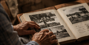 Mãos percorrendo as fotografias de um livro da família. Imagem ilustrativa da materialização do projeto.